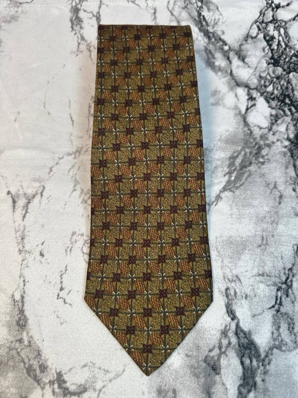 Ermenegildo Zegna Silk Tie Brown Gold Burgundy Geometric Made in Italy